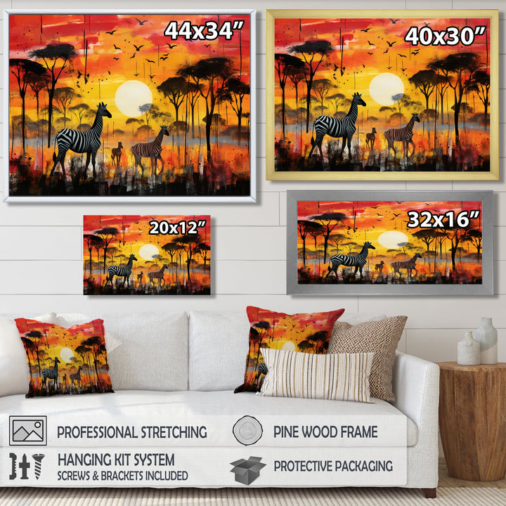 Zebra Roaming In The Savanna Under The Setting Sun - Zebra Large Canvas Wall Art