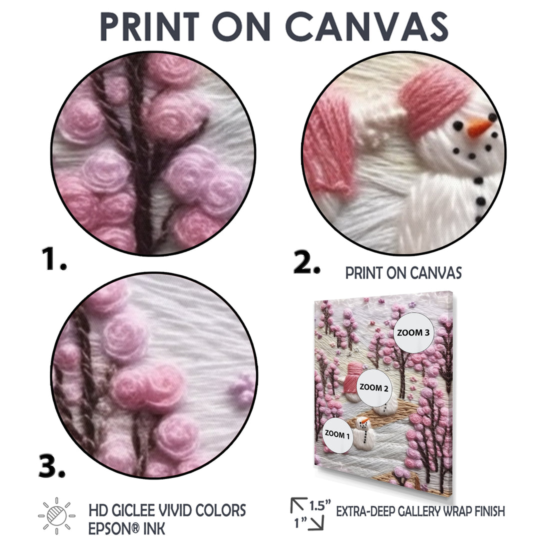 Christmas Snowman In Snowy Winter Pink Tree Embroidery - Coastal Animal Canvas Wall Art