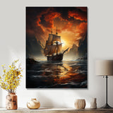Fierce Sailboat Entering The Fjord Red Sunset - Boat Canvas Wall Art