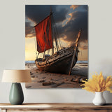 Coastal Quietness Red Sailboat Stranded On Desert Beach - Boat Canvas Wall Art