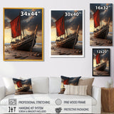Coastal Quietness Red Sailboat Stranded On Desert Beach - Boat Canvas Wall Art