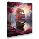 Triumph Sailboat Arriving In Pink Blossoming Harbor - Boat Canvas Wall Art