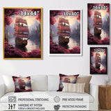 Triumph Sailboat Arriving In Pink Blossoming Harbor - Boat Canvas Wall Art