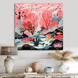 Deep Ocean Red Coral With Little Fishes Retro Illustration - Coral Wall Decor