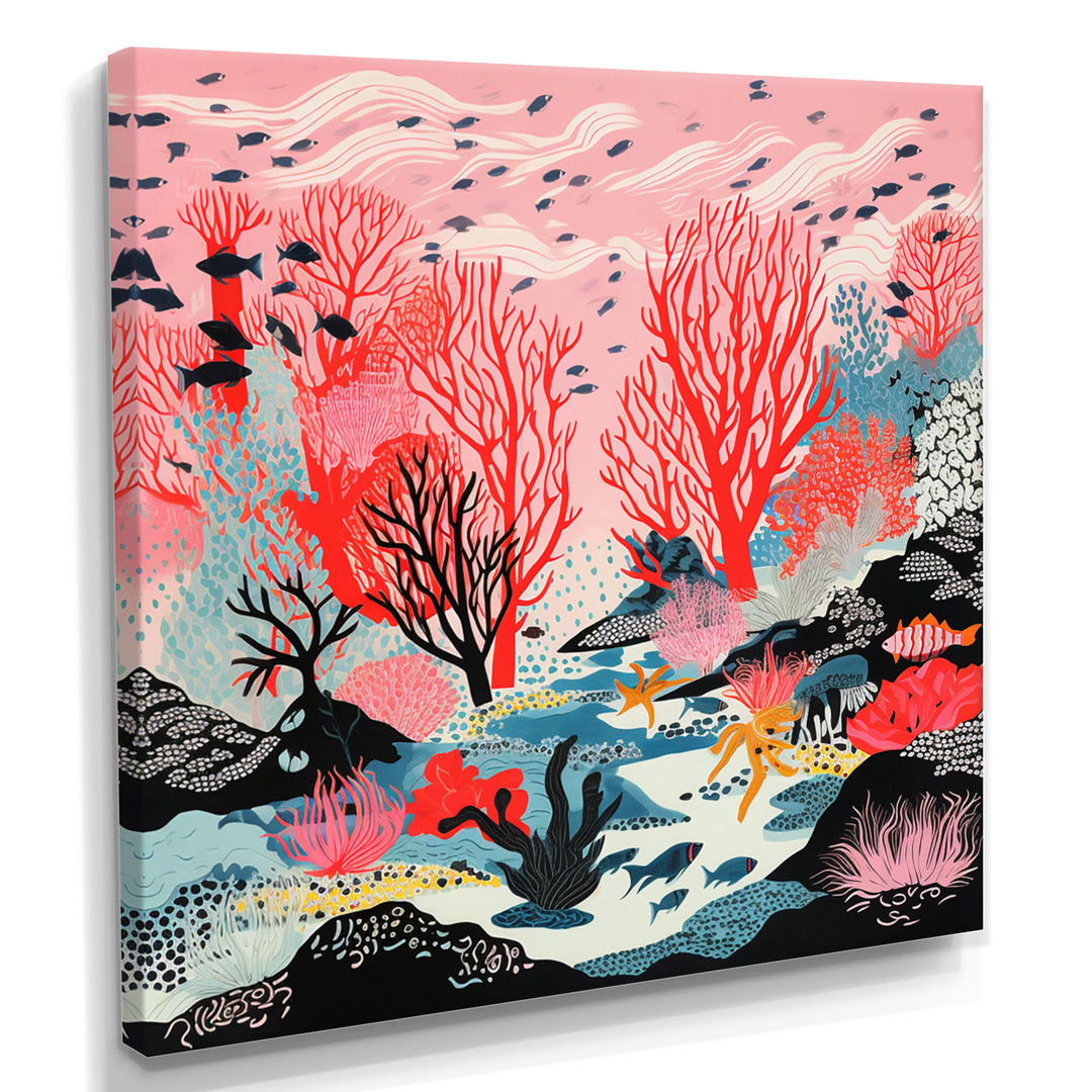 Deep Ocean Red Coral With Little Fishes Retro Illustration - Coral Wall Decor
