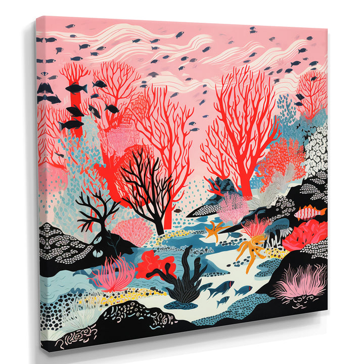 Deep Ocean Red Coral With Little Fishes Retro Illustration - Coral Wall Decor