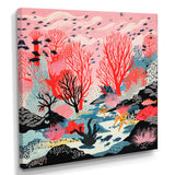 Deep Ocean Red Coral With Little Fishes Retro Illustration - Coral Wall Decor