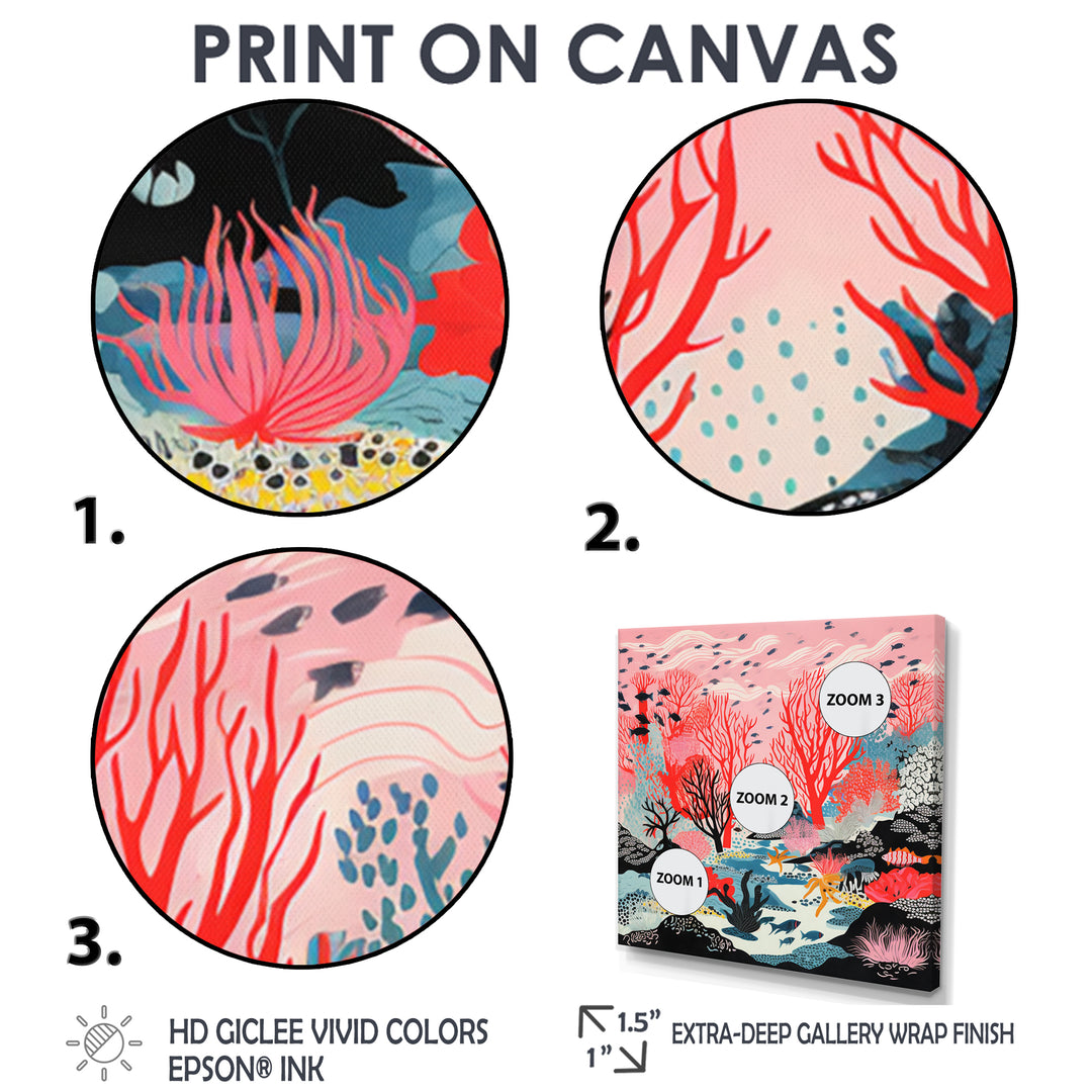 Deep Ocean Red Coral With Little Fishes Retro Illustration - Coral Wall Decor