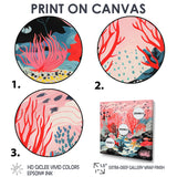 Deep Ocean Red Coral With Little Fishes Retro Illustration - Coral Wall Decor