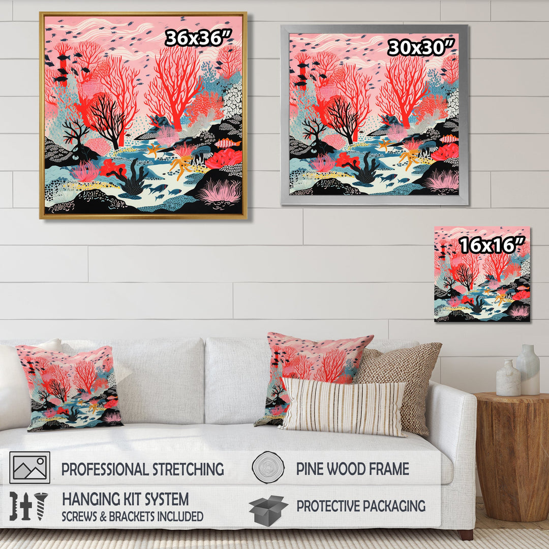 Deep Ocean Red Coral With Little Fishes Retro Illustration - Coral Wall Decor