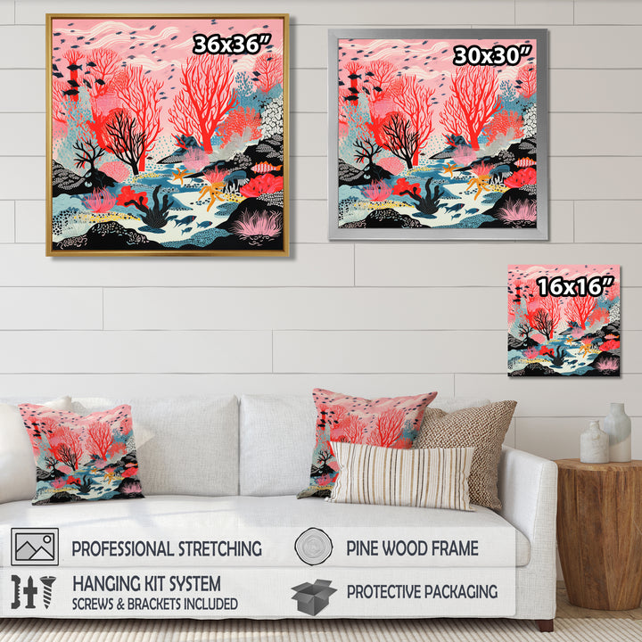 Deep Ocean Red Coral With Little Fishes Retro Illustration - Coral Wall Decor