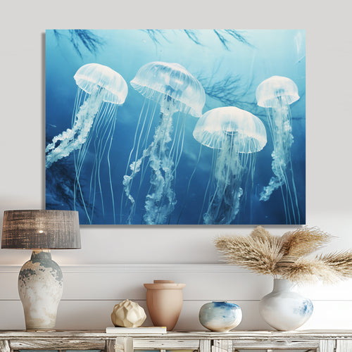 Four White Jellyfish Floating To The Ocean Surface Sunlight - Blue Jellyfish Wall Art