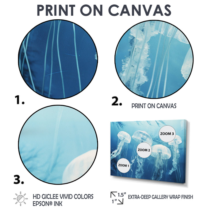 Four White Jellyfish Floating To The Ocean Surface Sunlight - Blue Jellyfish Wall Art