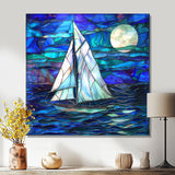 White Sailboat On Shades Of Ocean Blue White Full Moon - Boat Canvas Wall Art