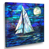 White Sailboat On Shades Of Ocean Blue White Full Moon - Boat Canvas Wall Art