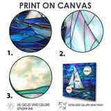 White Sailboat On Shades Of Ocean Blue White Full Moon - Boat Canvas Wall Art