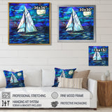 White Sailboat On Shades Of Ocean Blue White Full Moon - Boat Canvas Wall Art