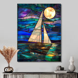 White Sailboat Ocean Moonlight Shades Of Blue And Green - Boat Canvas Wall Art