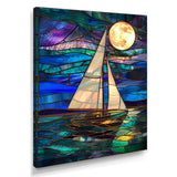 White Sailboat Ocean Moonlight Shades Of Blue And Green - Boat Canvas Wall Art