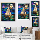 White Sailboat Ocean Moonlight Shades Of Blue And Green - Boat Canvas Wall Art