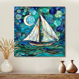 White Sailboat Ocean Sky Circles Of Shades Of Green And Blue - Boat Canvas Wall Art