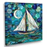 White Sailboat Ocean Sky Circles Of Shades Of Green And Blue - Boat Canvas Wall Art