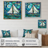 White Sailboat Ocean Sky Circles Of Shades Of Green And Blue - Boat Canvas Wall Art