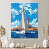 White Sailboat Leaving The Lighthouse Harbor Blue Sky - Boat Canvas Wall Art