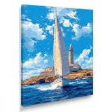White Sailboat Leaving The Lighthouse Harbor Blue Sky - Boat Canvas Wall Art