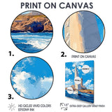 White Sailboat Leaving The Lighthouse Harbor Blue Sky - Boat Canvas Wall Art