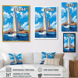 White Sailboat Leaving The Lighthouse Harbor Blue Sky - Boat Canvas Wall Art