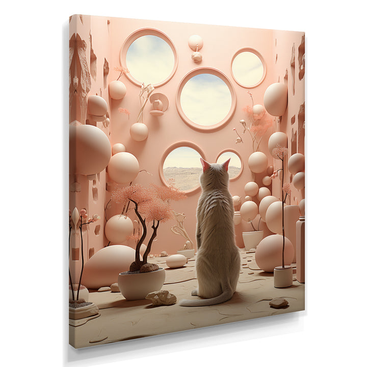 White Cat Pink Futuristic Interior - Cat Framed Canvas Art
