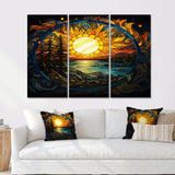 Vibrant Yellow Sun Over Forest Lake - 3-Piece Canvas Wall Art