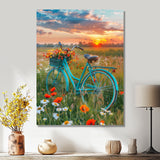 Blue Beach Bike In Spring Flower Field Sunset - Bicycle Canvas Wall Art