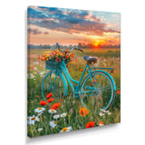 Blue Beach Bike In Spring Flower Field Sunset - Bicycle Canvas Wall Art