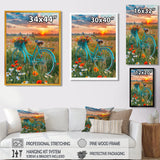 Blue Beach Bike In Spring Flower Field Sunset - Bicycle Canvas Wall Art