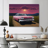 Vintage Pink American Car Purple Sunset - Car Vintage Canvas Wall Art
