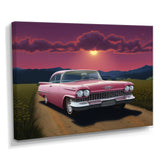 Vintage Pink American Car Purple Sunset - Car Vintage Canvas Wall Art