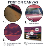 Vintage Pink American Car Purple Sunset - Car Vintage Canvas Wall Art