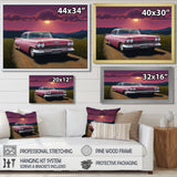 Vintage Pink American Car Purple Sunset - Car Vintage Canvas Wall Art