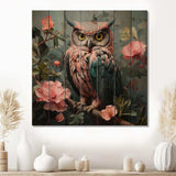 Blue and pink Owls gaze floral forest II - Wood Wall Art