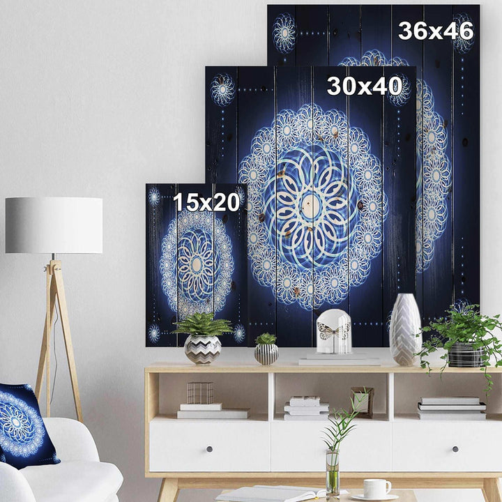 Abstract fractal flower in Blue Background - Digital Art Print on Natural Pine Wood