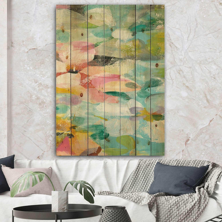 Abstract Flowers in Blue and Pink - Cabin &amp; Lodge Print on Natural Pine Wood