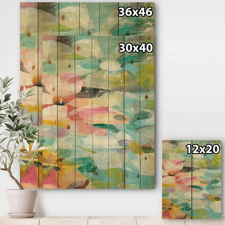 Abstract Flowers in Blue and Pink - Cabin &amp; Lodge Print on Natural Pine Wood