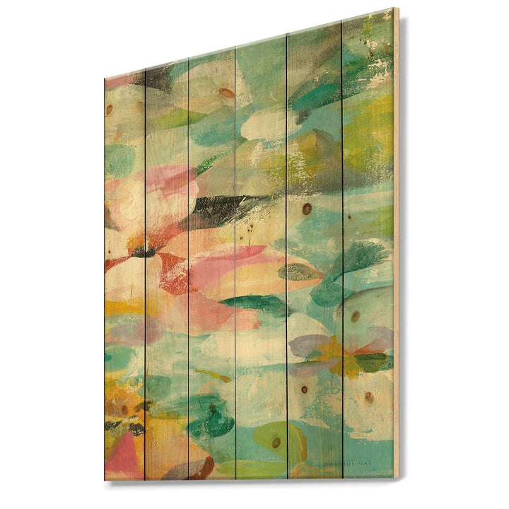 Abstract Flowers in Blue and Pink - Cabin &amp; Lodge Print on Natural Pine Wood