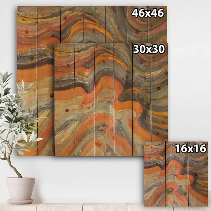 Abstract Gilded Orange Waves - Contemporary Print on Natural Pine Wood