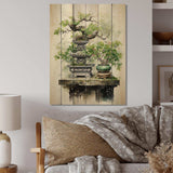 Japon Art Meditative Green Bonsai III - Wood Wall Art