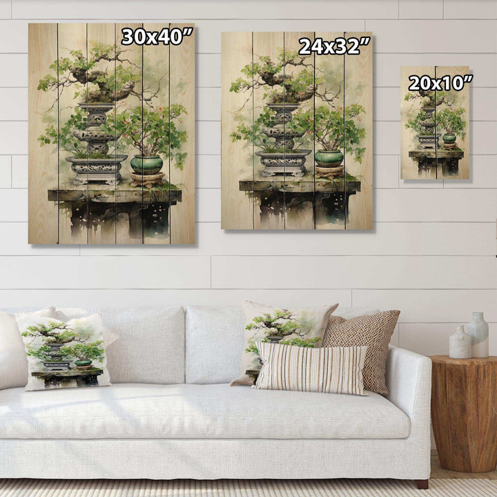 Japon Art Meditative Green Bonsai III - Wood Wall Art