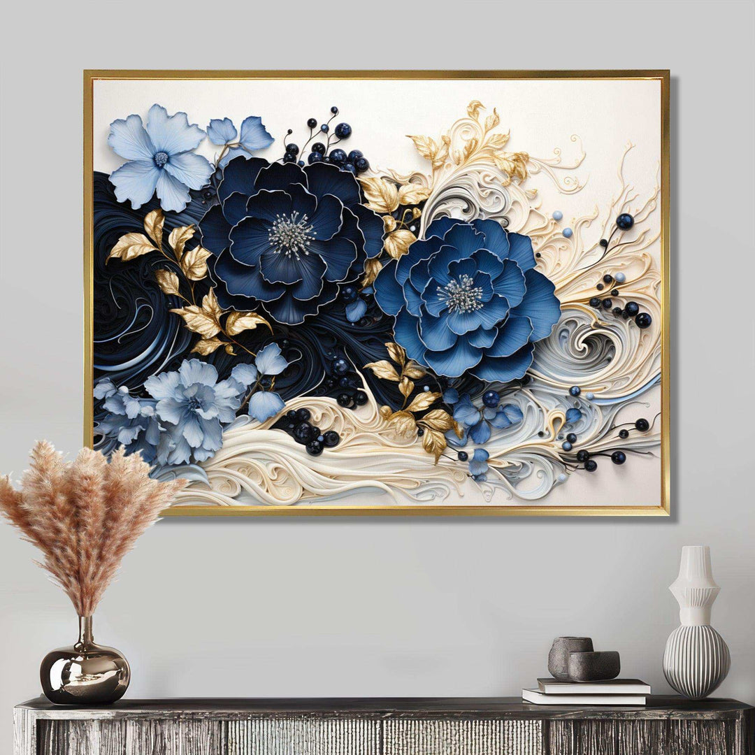 An abstract canvas wall art featuring a floral pattern with blue, gold, and navy colors, gallery-wrapped and displayed in a room setting.