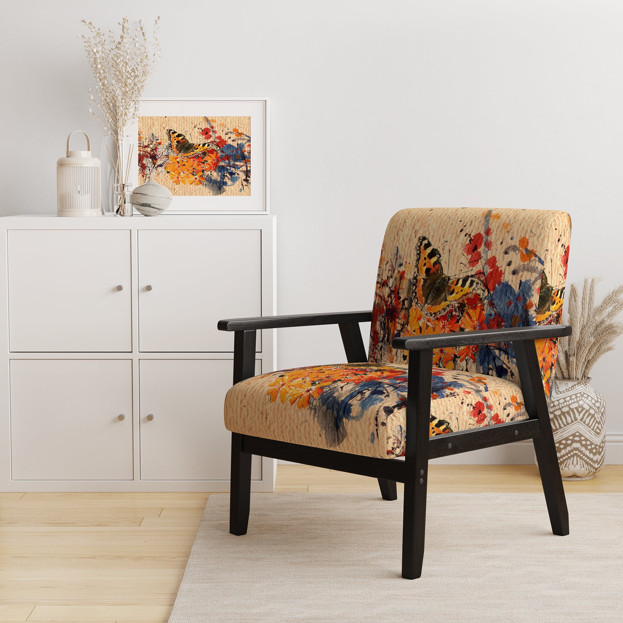 Orange Buttlerfly in Watercolor Painting Floral Accent Chair